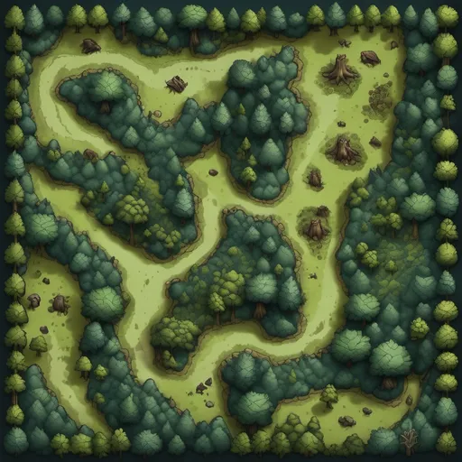 Prompt: A top-down map of a forest, 2d dnd battlemap, highly details, 8k