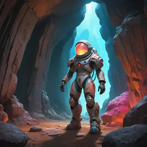 Prompt: Person going mad, wearing space battle suit,  Ghibli Studios art style, detailed stone textures, mystical lighting, vibrant colors, high quality, Ghibli art style, petrified figures, ancient cave setting, alien artifact, detailed environment, atmospheric lighting, vibrant color palette