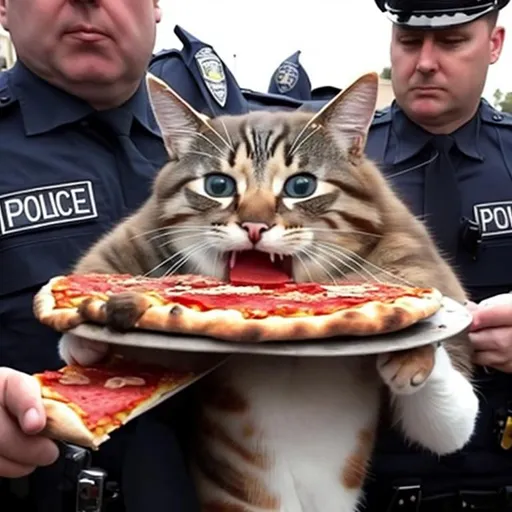 Prompt: innocent cat being arrested by police with a slice of pizza in mouth