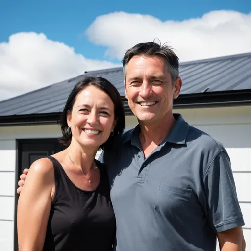 Prompt: A happy middle-aged New Zealand couple standing close together, smiling and looking at each other in front of a house with a new black metal roof. The man has short black hair, while the woman has dark hair.  The background shows part of the house with a sleek, dark roof, white walls, and a clear blue sky with clouds. 