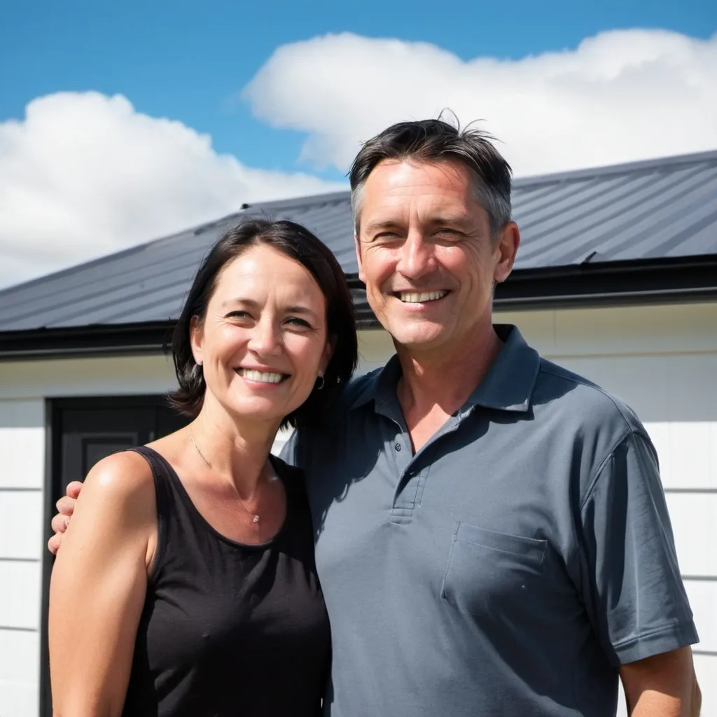 Prompt: A happy middle-aged New Zealand couple standing close together, smiling and looking at each other in front of a house with a new black metal roof. The man has short black hair, while the woman has dark hair.  The background shows part of the house with a sleek, dark roof, white walls, and a clear blue sky with clouds. 