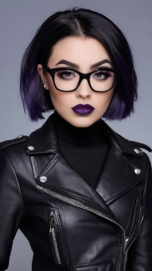 Prompt: Goth woman in her 20s, high eyebrows, bob haircut, leather jacket, heavy bold makeup,  glasses with thick black frames, purple lipstick