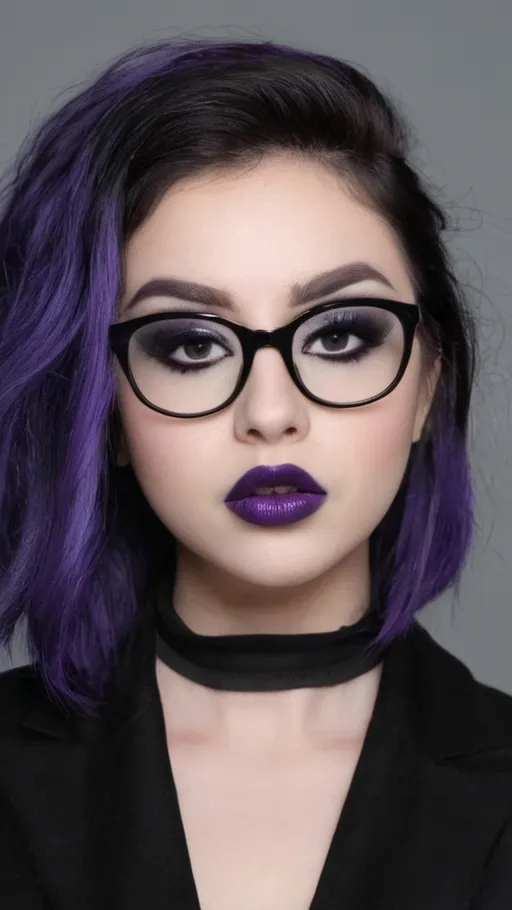 Prompt: Goth woman in her 20s, heavy makeup,  glasses with thick black frames, purple lipstick 