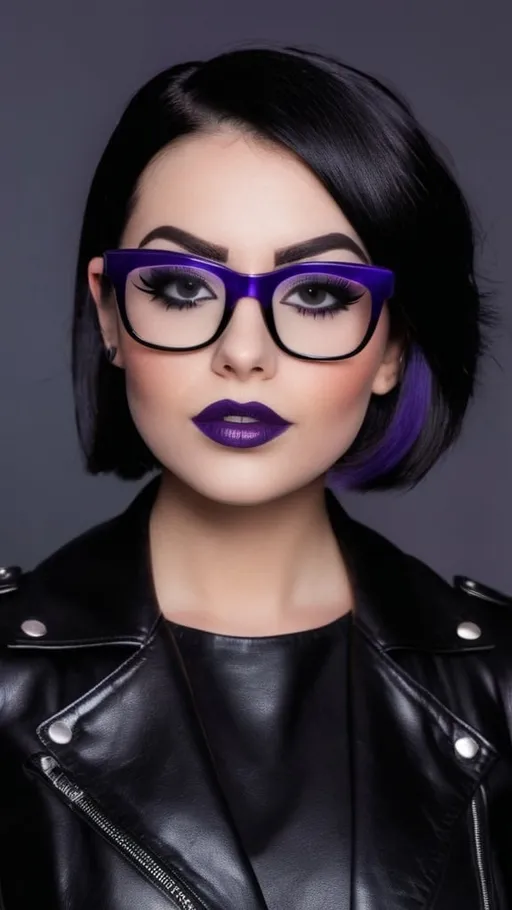 Prompt: Goth woman in her 20s, high eyebrows, black hair, bob haircut, leather jacket, heavy bold makeup,  glasses with thick black frames, purple lipstick