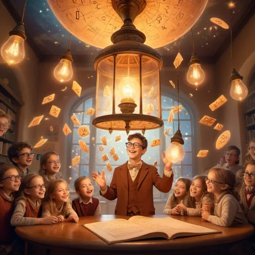 Prompt: (mathematician emerging from a magical lamp), whimsical scene, (fantastical lighting), warm hues, ethereal glow, smiling expression, dressed in a scholarly outfit with glasses, surrounded by floating mathematical symbols, joyous children eagerly listening, soft, dreamy background, vibrant palette, captivating atmosphere, imaginative, ultra-detailed, 4K quality, magical realism.