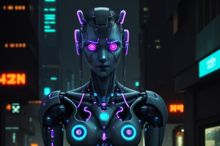 Prompt: A half-human, half-robot figure walking through a cyberpunk cityscape at night. One side of the face shows human features, while the other side has intricate robotic circuitry and glowing eyes