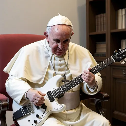 Prompt: AI make the Pope playing electric guitar