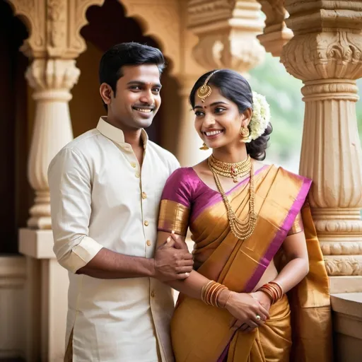 Prompt: Create a stunning visual of a South Indian couple in traditional attire. The woman should be adorned in a vibrant silk saree, with intricate gold jewelry, jasmine flowers in her hair, and a radiant smile. The man should be dressed in a traditional white dhoti and shirt, exuding elegance and charm. Capture the essence of their cultural heritage with elements like temple architecture, traditional décor, and serene natural backdrops. Emphasize their joyous expressions, showcasing the warmth and love in their relationship.
