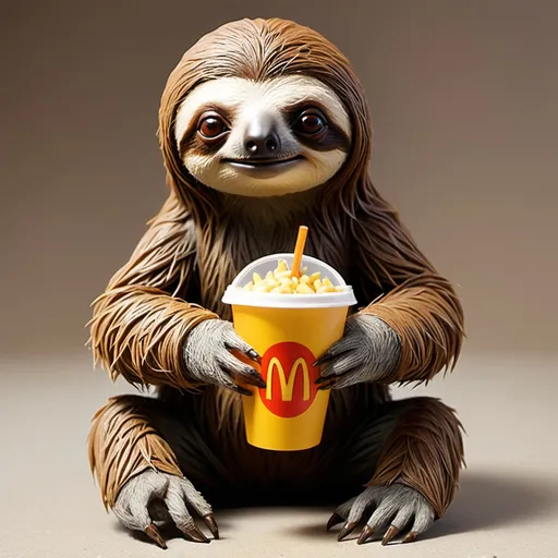 Prompt: My creature looks like a sloth, it has long claws and is very realistic. The sloth is holding fries from McDonald’s. This creature’s whole body is covered in brown hair, it has two orange eyes, and it wears a spiked bicycle helmet on its head.