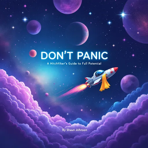 Prompt: A vibrant cosmic scene fitting an A4 page layout, with colorful galaxies in purple, blue, and pink tones. A cartoonish starship zips across the scene, trailing a bright towel. The bold text 'DON’T PANIC' stands out prominently at the top, with 'A Hitchhiker’s Guide to Full Potential' underneath, and 'By Shaun Johnson' positioned in the bottom right.