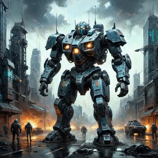 Prompt: (Huge, heavily armored war mech), (futuristic cybernetic style), cool color scheme, metallic textures, intricate details, glowing accents, high-tech design elements, dynamic pose, dramatic lighting, urban futuristic backdrop, ominous atmosphere, HD, ultra-detailed, sci-fi concept art, displaying cutting-edge technology and powerful presence.