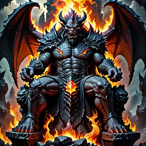 Prompt: (Giant demon), sitting on a (massive throne) made of (jagged rocks) and (roaring flames), holding an entire world in his hand, overlooking a detailed view of (Earth below), surrounded by an atmosphere of (dark majesty). The scene is filled with a sense of (ominous power), with (high contrast colors), dramatic (lighting) casting shadows and highlights, creating an (ultra-detailed 4K) masterpiece that embodies a cinematic perspective.