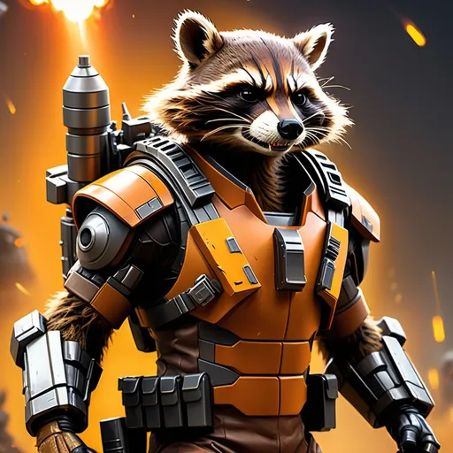 Prompt: (futuristic style) Rocket Raccoon in an (War Machine) inspired suit, large rocket launchers, machine guns protruding from his back, holding his signature blaster, helmet on, warm color scheme, vibrant hues of orange and yellow, dramatic lighting, high detail, dynamic pose, sci-fi theme, with a raccoon head shaped war machine helmet,captivating background elements that emphasize a futuristic vision, ultra-detailed, eye-catching visuals. 