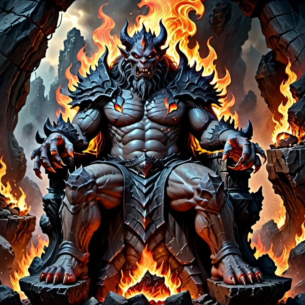 Prompt: (Giant demon) sitting on a throne made of (jagged rocks and flames), holding an (entire world) in his hand, overlooking the earth, (fantasy style), muted color scheme, shadowy and dramatic atmosphere, surrounded by a smoky ambiance, rugged background with glimmers of fire, high detail, (4K resolution), mythical and powerful vibe.