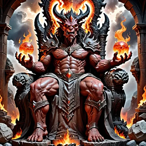 Prompt: (Giant demon) sitting on a throne, (made out of rocks and fire), holding an entire world in his hand, (fantasy style), ethereal ambiance, dramatic clouds swirling in the background, muted color scheme with dark tones, warm flickering shades of orange, deep reds, and soft grays, enchanting glow from the throne, intricate details on the throne's texture, (ultra-detailed), conveying a sense of power and majesty.