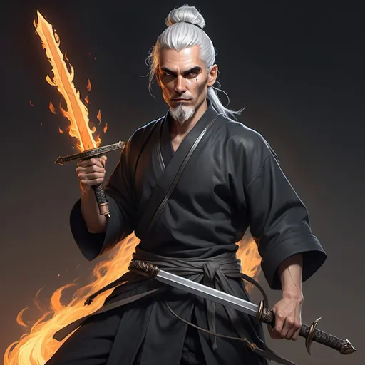 Prompt: hyper-realistic humanoid character with grey skin,white hair and white eyes with black bags under his eyes, his hair tied in a man bun,with a black tunic holding a flaming sword with a black flame with black magic emanating from his free hand in a heroic pose with a lute strapped to his back, fantasy character art, illustration,dnd