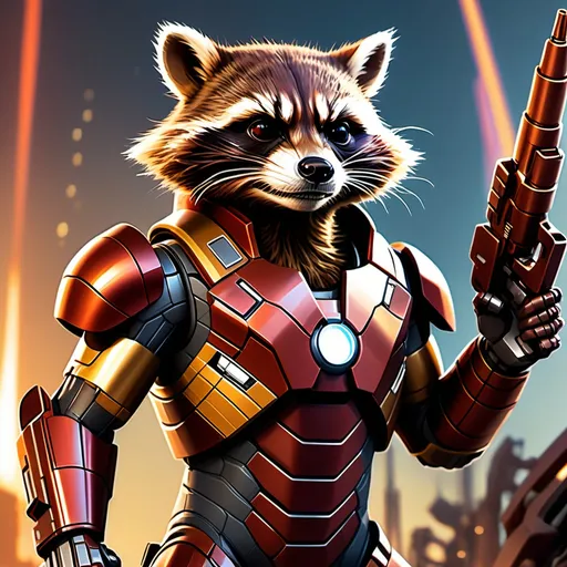 Prompt: (Rocket Raccoon in an Iron Man style suit), futuristic-futuristic design, warm color scheme, vibrant and dynamic atmosphere, large rocket launchers, intricate machine guns protruding from the back, gripping signature blaster confidently, high-quality illustration, ultra-detailed features, dramatic lighting, bold contrast, emphasizing advanced technology, sci-fi elements in a captivating setting.