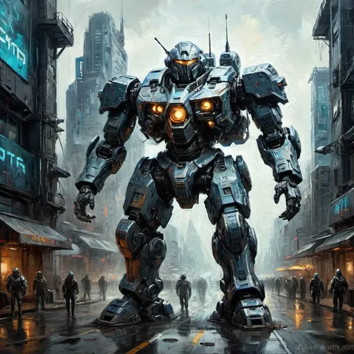 Prompt: (Huge, heavily armored war mech), (futuristic cybernetic style), cool color scheme, metallic textures, intricate details, glowing accents, high-tech design elements, dynamic pose, dramatic lighting, urban futuristic backdrop, ominous atmosphere, HD, ultra-detailed, sci-fi concept art, displaying cutting-edge technology and powerful presence.