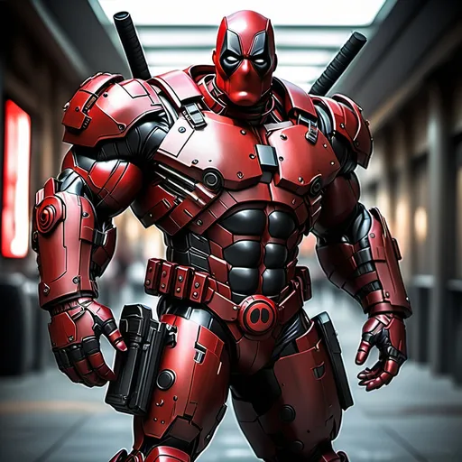 Prompt: (futuristic-cybernetic style) Deadpool-inspired Hulk Buster Iron Man suit, armored and imposing, (armed with two sleek futuristic katanas crossed on its back), large pistols holstered at each waist, dynamic pose, vibrant red and black color scheme, warm tones enveloping the scene, (ultra-detailed), high quality, dramatic lighting, captivating atmosphere with an edge of intensity, a techno-futuristic cityscape backdrop shimmering softly.