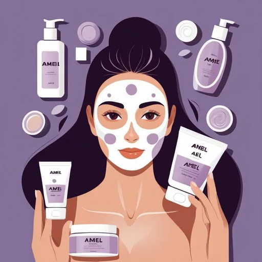 Prompt: Flat illustration a woman shopping, simple forms, simple shapes, vector, minimalism skincare products name Amel