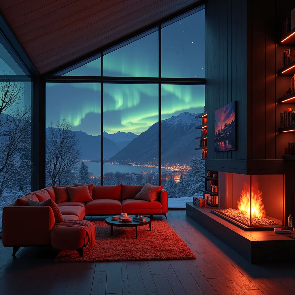 Prompt: Can you create an image representing the interior of a house? The house has to be realistic and futuristic. There should be a large window overlooking the room and, outside, we should see an aurora borealis at night. The dominant colors of the house should be red, orange and black. It should be as dark as Norway. The atmosphere of the house should be cocooning, so install very nice sofas, 2 or 3 of them, and a big fireplace with red LED lights. There should be a beautiful futuristic kitchen, chairs and a nice table. There should be lots of decorative elements, like shelves with beautiful legos or pictures of a wolf in the night or a city at night, always in a very cocooning atmosphere. The photo should be in portrait format. 