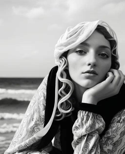 Prompt: Sandro Botticelli style woman with curly hair, early Renaissance, mythological, linear, vibrant