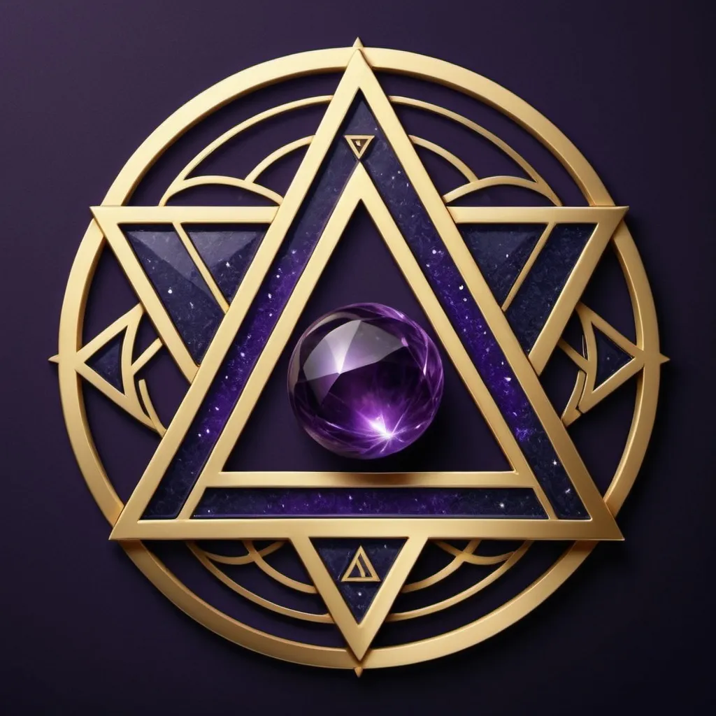 Prompt: A refined logo with a dark sapphire background highlights a golden, interlocking triangle pattern symbolizing balance and mystical knowledge. In the center, a glowing violet orb represents hidden wisdom. The name "Neva" is elegantly written in gold below the orb, seamlessly integrated into the design.