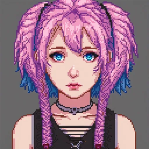 Prompt: teenage anime girl pink hair blue eyes emo goth