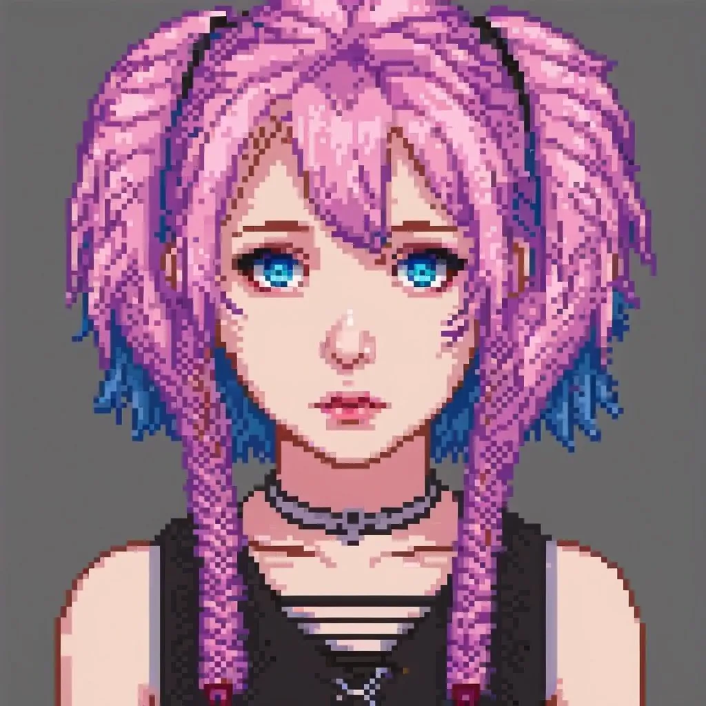 Prompt: teenage anime girl pink hair blue eyes emo goth