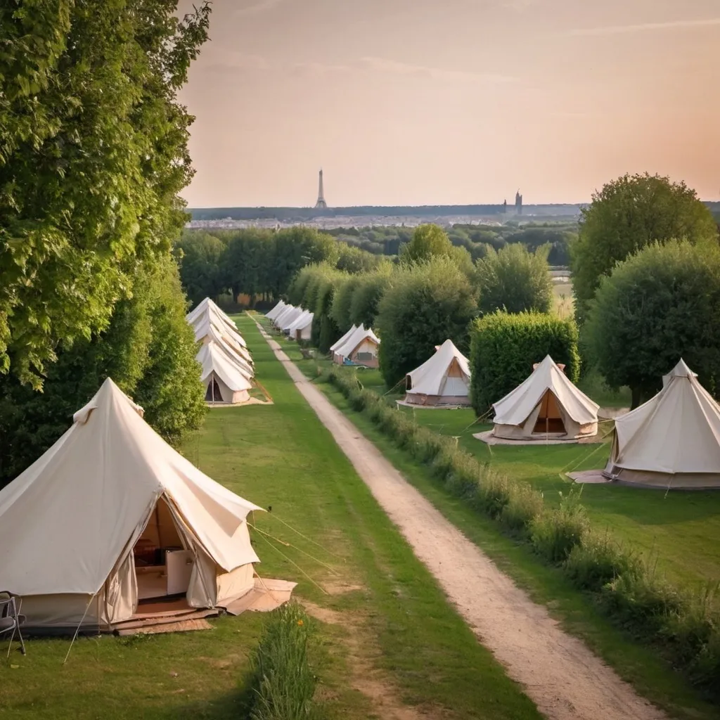 Prompt: make a pictire with this infofrance	Camping Les Prés	close to paris with only glamping tents colse to paris so in the distance i want to see paris 

