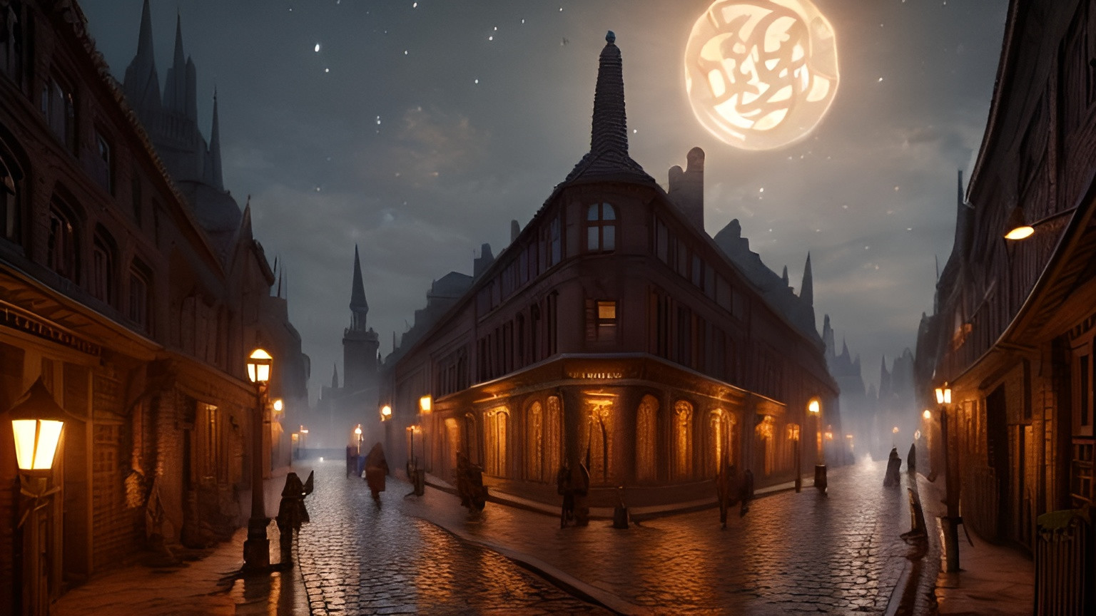 Prompt: a street made of brick, candles, buildings with highly ornate and detailed medieval architecture remove the people, Dungeons and Dragons, Wizards of the coast, long shot, volumetric lighting, trending on artstation, beautiful, narrow, realistic 