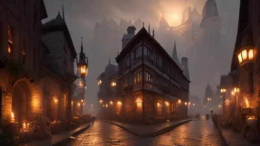 Prompt: a road made of brick, candles, buildings with highly ornate and detailed medieval architecture, Dungeons and Dragons, Wizards of the coast, long shot, volumetric lighting, trending on artstation, beautiful, narrow, realistic