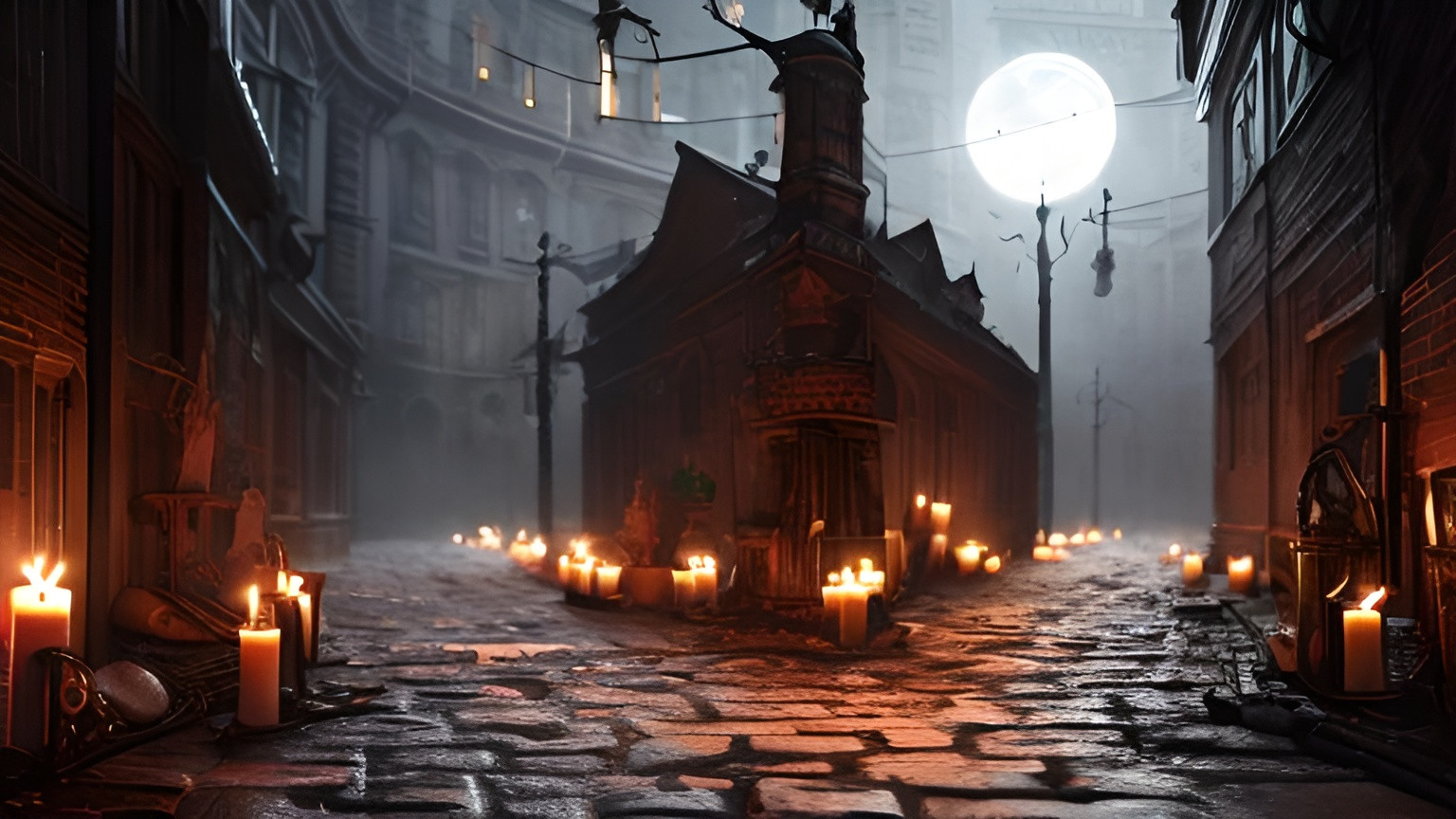 Prompt: a spooky street backdrop made of brick, candles, buildings with highly ornate and detailed medieval architecture, Dungeons and Dragons, Wizards of the coast, long shot, volumetric lighting, trending on artstation, beautiful, narrow, realistic