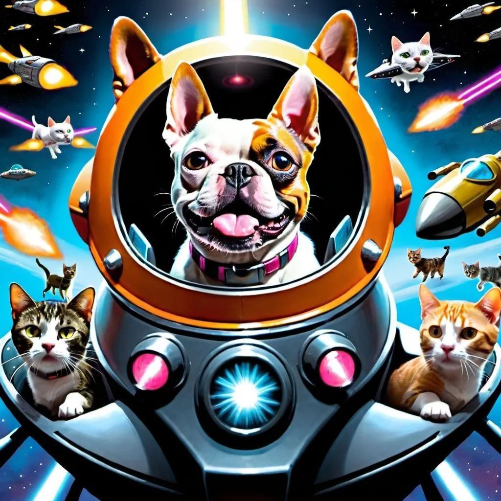 Prompt: A dog drives a spaceship to fight against an army of cats.