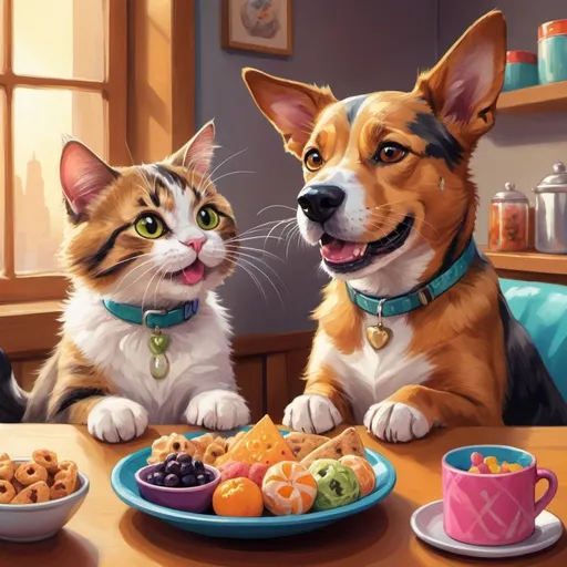 Prompt: Detailed illustration of a dog and cat enjoying gourmet snacks, vibrant and playful, high quality, digital painting, colorful fur and whiskers, cute expressions, whimsical, bright and cheerful, warm lighting