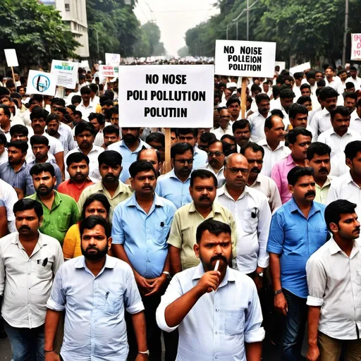 Prompt: Many people are protesting with placards saying 'No noise pollution'.