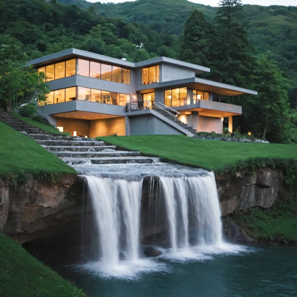 Prompt: house with waterfall in background