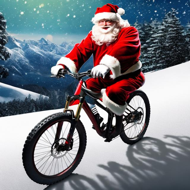 Prompt: Santa Claus riding on a mountain bike