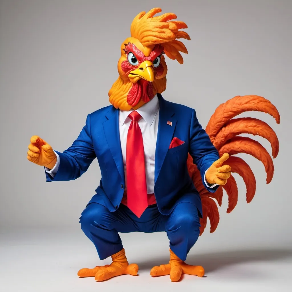 Prompt: donald trump as a stale cheeto, wearing a diaper, blue suit, red tie, and with a roosters comb for hair