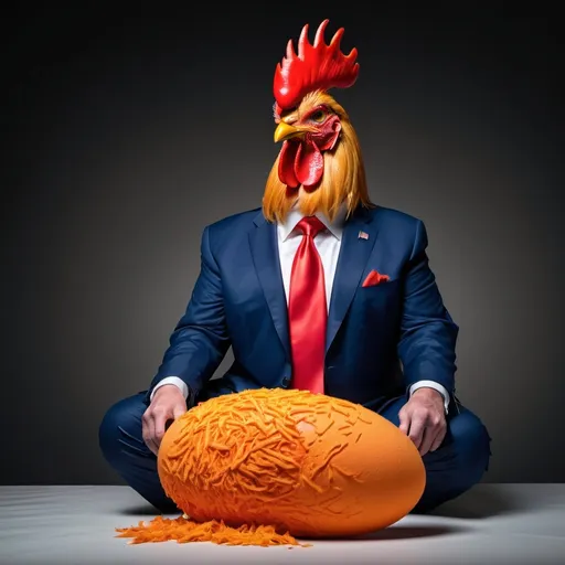 Prompt: realistic picture of donald trump as a stale cheeto, wearing a diaper, blue suit, red tie, and with a roosters comb for hair, laying an egg