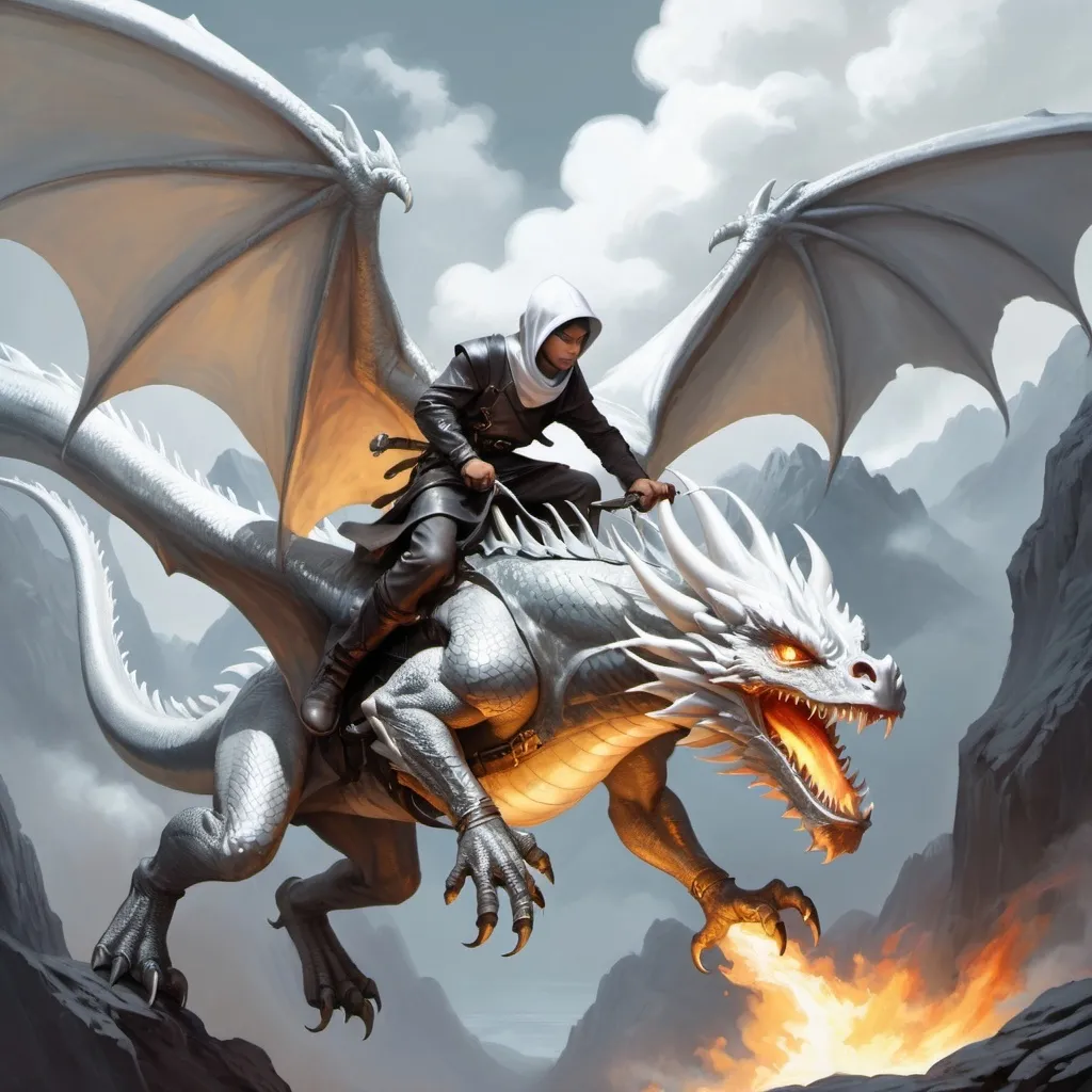 Prompt: a fantasy art painting of a tiny sneaky looking thief riding on the neck of a huge silver dragon. the dragon is breathing out a white fire.
