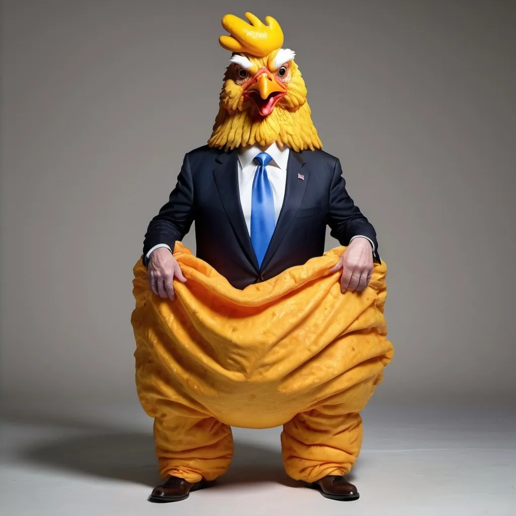 Prompt: realistic picture of trump as a Chicken shit diaper wearing old washed up yellow stale cheeto