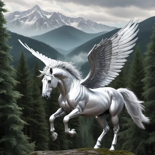 Prompt: hyper realistic image of a silver pegasus flying over the forest with mountains in the background.  