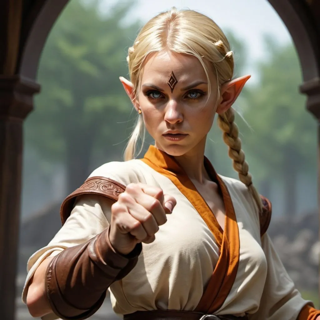 Prompt: female elf monk blonde ready to fight fists