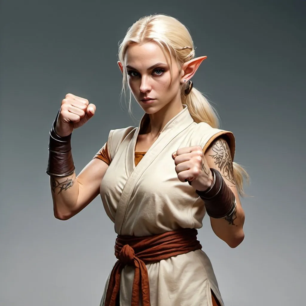 Prompt: female elf monk blonde ready to fight fists no tattoo