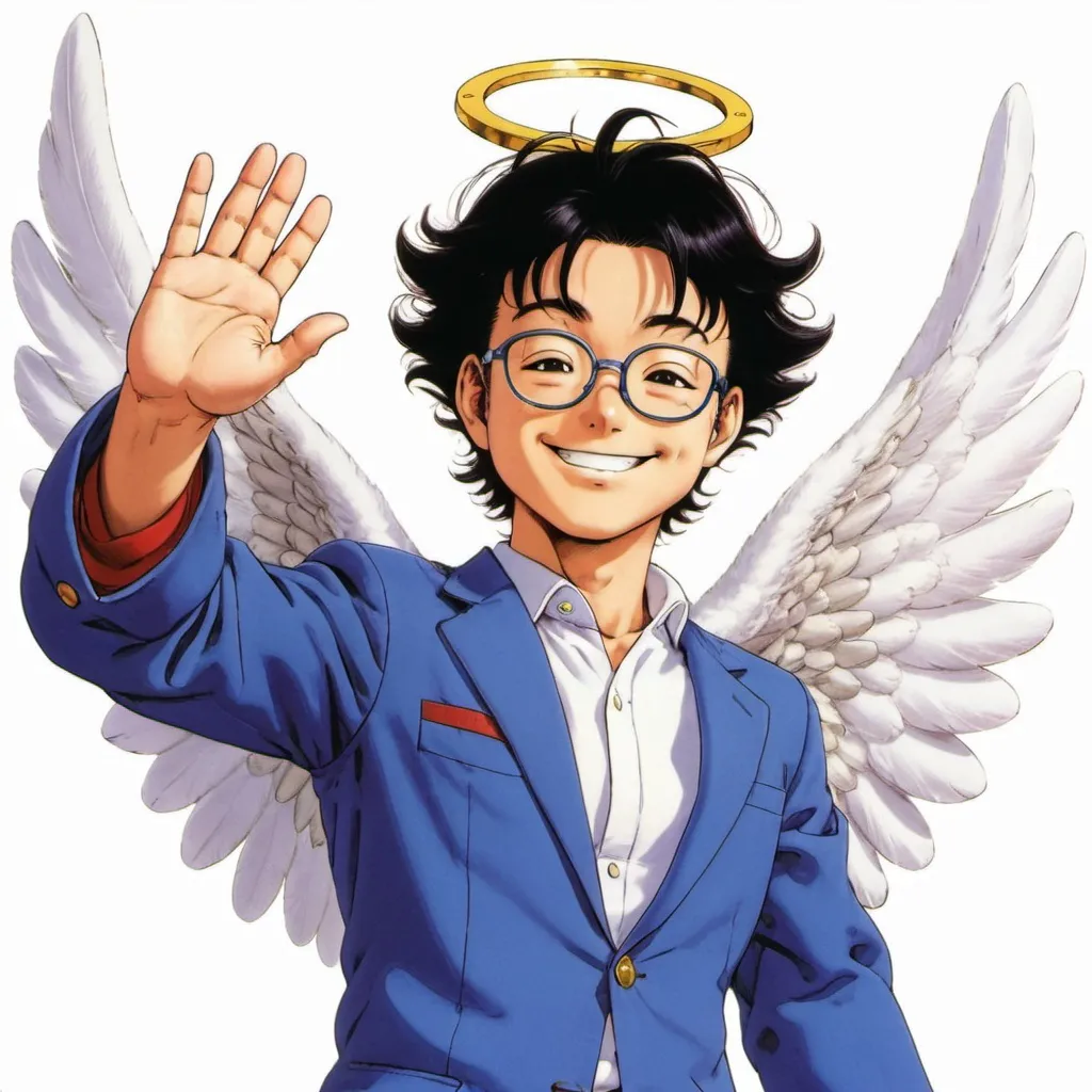 Prompt: akira toriyama smiling with angel wings and halo waving goodbye