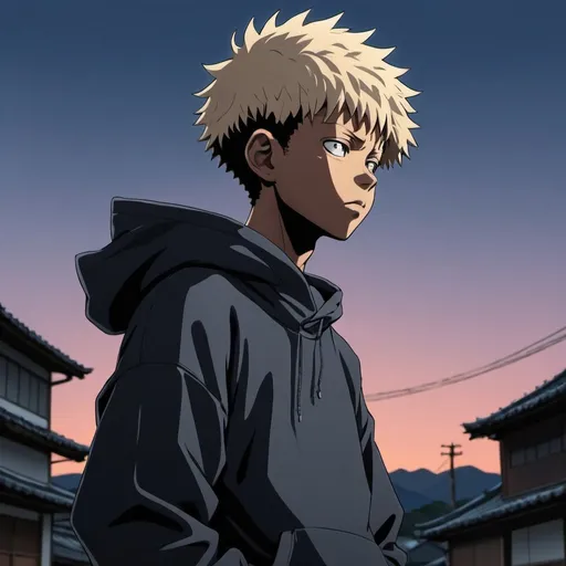 Prompt: jujutsu kaisen anime style image of black kid wearing hoodie, dusk background