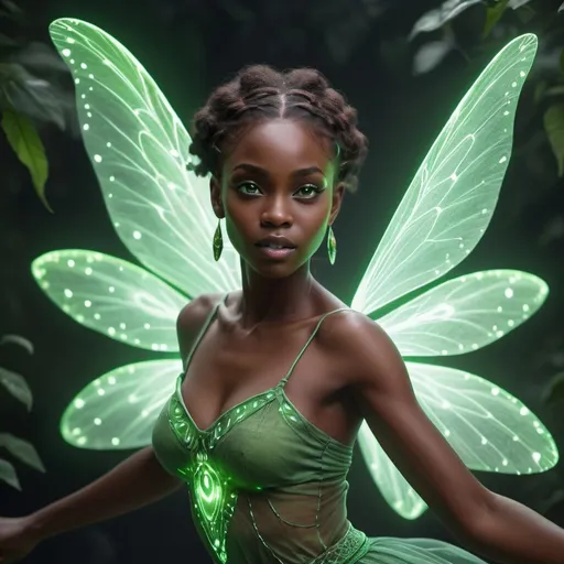 Prompt: ethereal african female fairy, green glowing eyes, floating in mid air,  sharp, 8k, hyper realistic