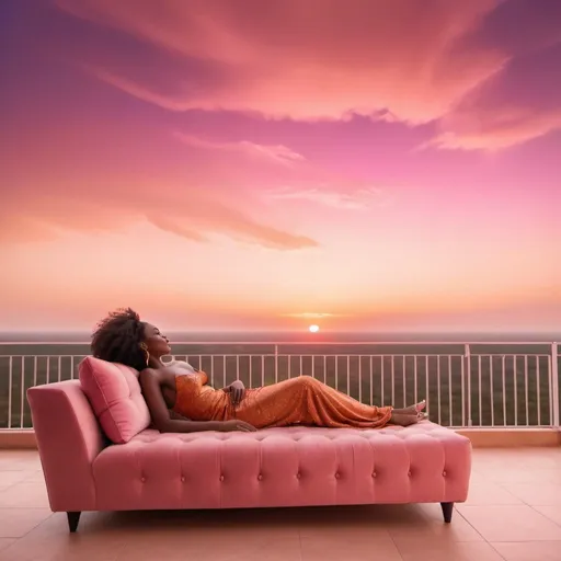 Prompt: beautiful african woman lying on beige luxurious sofa on a balcony overlooking pink and orange magical  sky