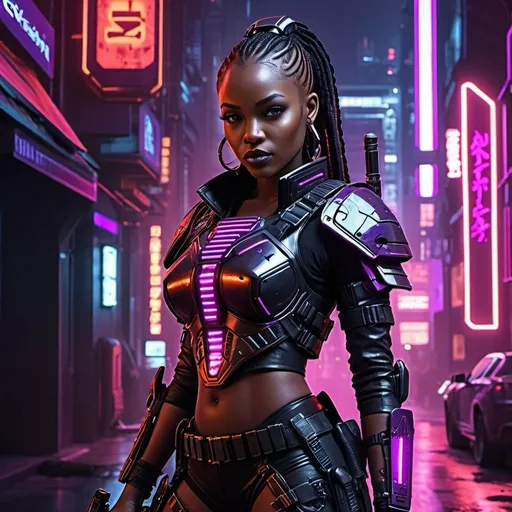 Prompt: Futuristic african female urban mercenary patrol armour design, black-coloured metal alloy plating, red and purple neon lights, sharp sabre on the waist, intricate details, cyberpunk, high-tech, professional, dynamic lighting, urban setting, intense atmosphere, best quality, high res, ultra-detailed, sci-fi, futuristic, cyberpunk, detailed design, sleek and shiny